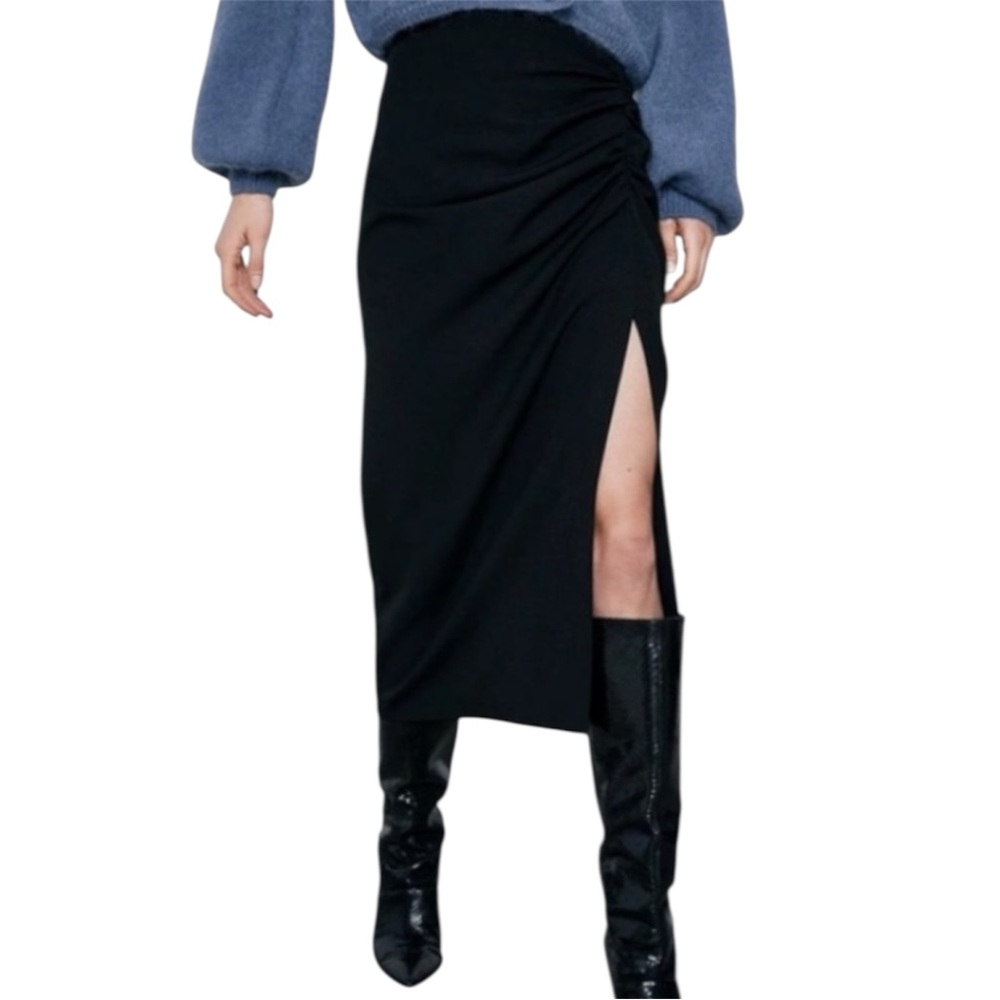 NWT ZARA Side Slit Elegant Black Ruched Midi Skirt